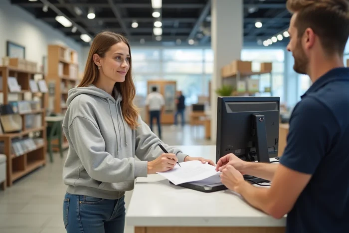 Femme signant un contrat de location de camionnette au comptoir d'un magasin de meubles avec un employé