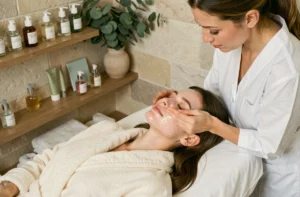 Soin du visage dans un institut de beauté haut de gamme avec application d'un masque hydratant sur une femme allongée