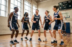Groupe d'adultes jouant au basketball en équipe dans un gymnase, illustrant les bienfaits du sport collectif pour la santé