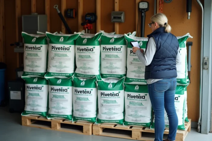 Femme organisant des sacs de granulés de bois Piveteau empilés sur une palette dans un garage domestique