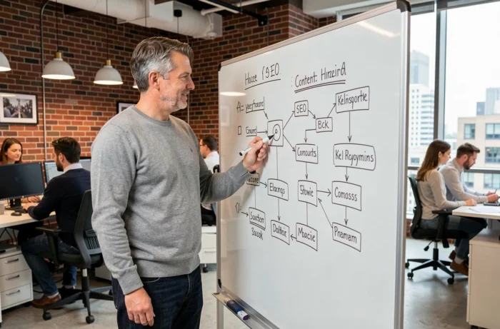 Consultant SEO rédigeant une stratégie de mots-clés et de référencement naturel sur un tableau blanc dans un bureau d'agence digitale