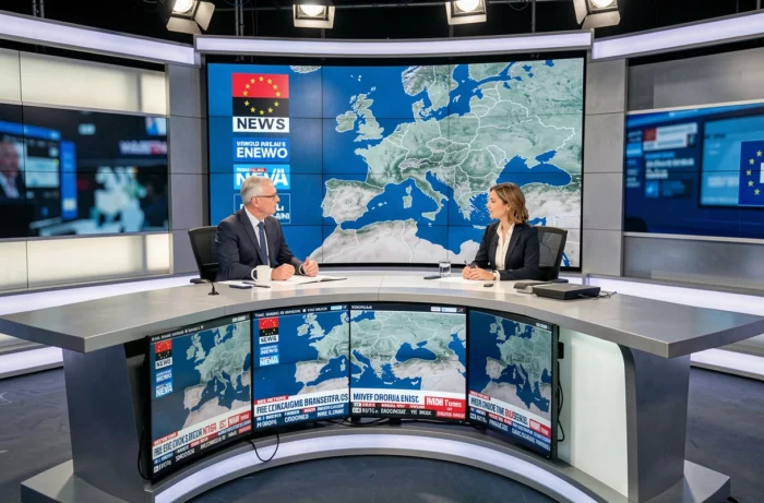 Présentateurs de journal télévisé dans un studio d'information européen avec écran LED et carte de l'Europe