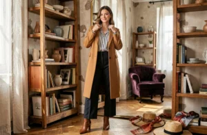 Jeune femme stylée ajustant son manteau camel devant un miroir vintage dans un appartement parisien, illustrant des conseils de style quotidien