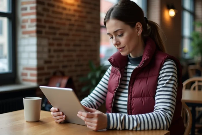 Jeune femme téléchargeant un itinéraire hors connexion sur tablette dans un café urbain