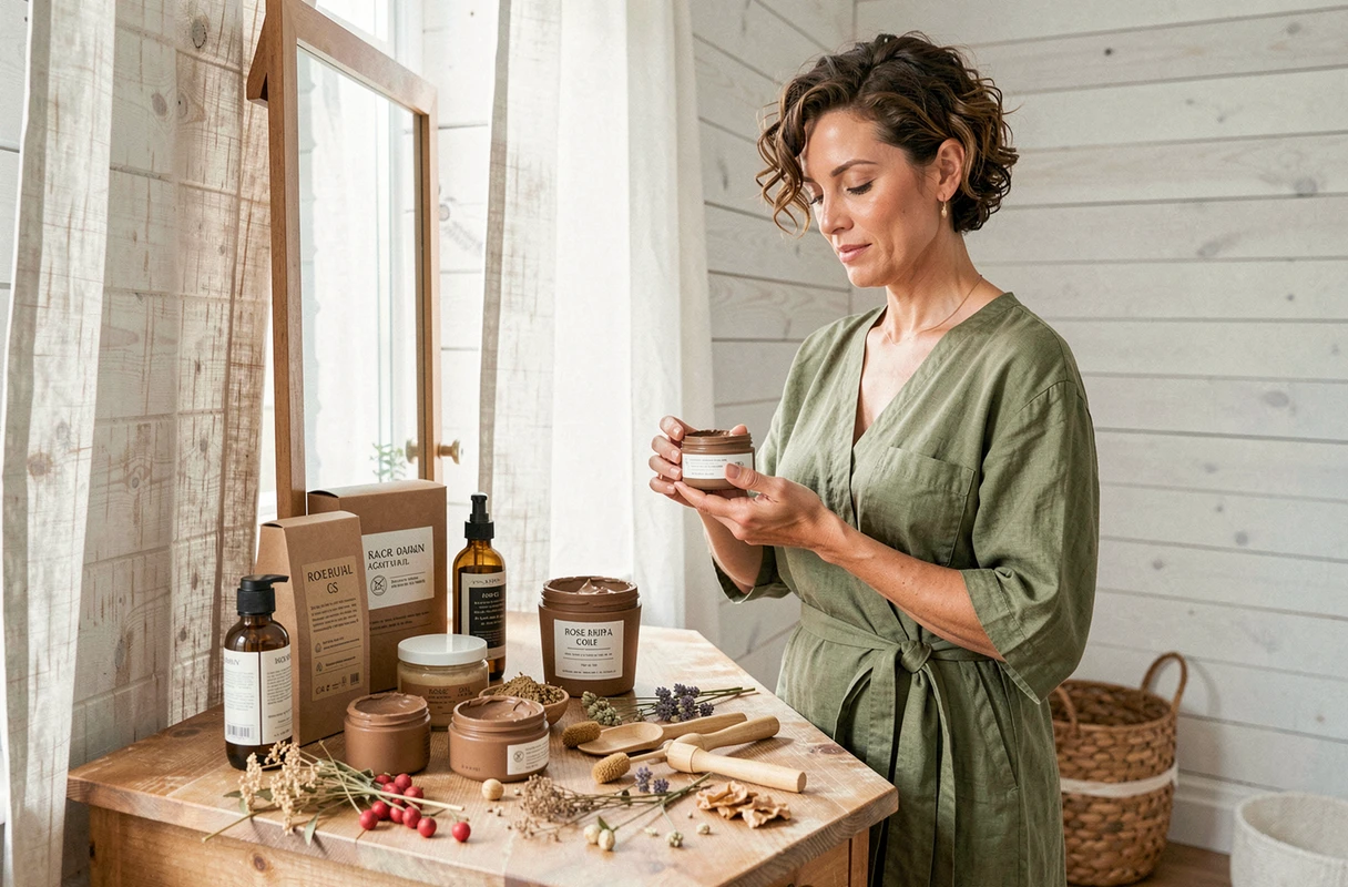 Femme contemplant des produits cosmétiques naturels et bio posés sur une coiffeuse en bois dans une chambre au style scandinave
