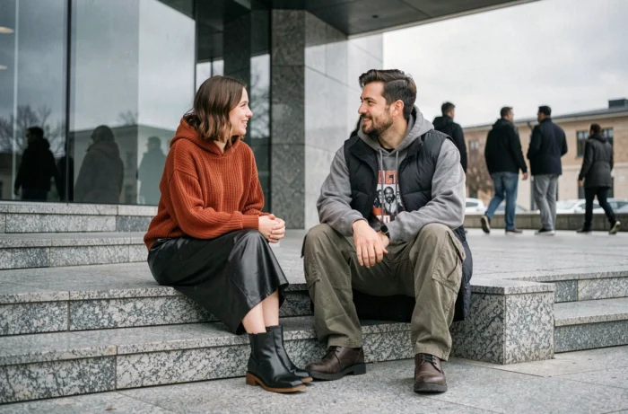 Deux amis aux styles contrastés portant des tenues tendance automne-hiver assis sur les marches d'un bâtiment moderne urbain