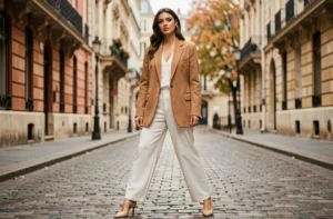Femme élégante portant un blazer camel oversize et un pantalon large blanc dans une rue pavée parisienne, tendances mode automne