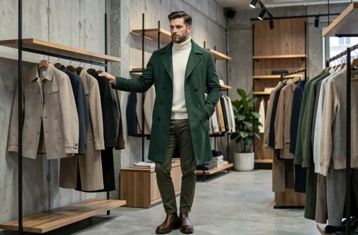 Homme tendance portant un trench-coat vert et un pull col roulé dans une boutique de mode contemporaine, style automne-hiver