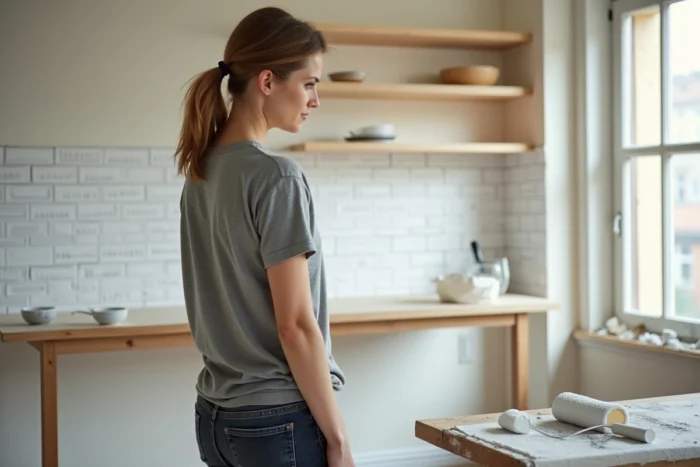 Femme évaluant une toile de verre fraîchement posée sur du carrelage mural dans une cuisine en cours de rénovation