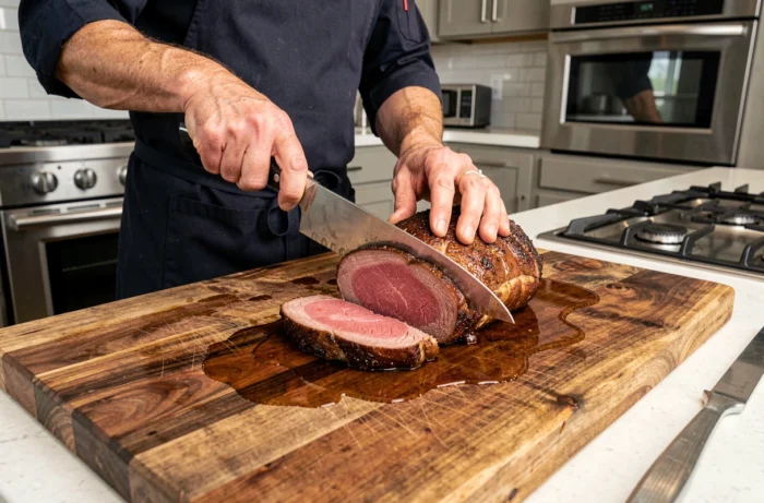 Tranches de rôti de bœuf réchauffé à cœur rosé sur une planche en bois avec jus de viande