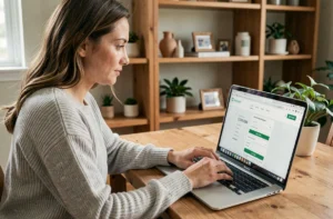 Femme utilisant un code promo sur un site e-commerce depuis son bureau à domicile