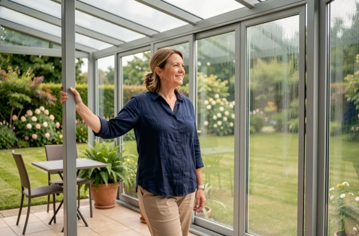 Femme à l'intérieur d'une véranda en kit montée sur une maison moderne, avec vue sur le jardin à travers les panneaux en polycarbonate