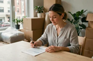 Femme vérifiant une facture de déménageur posée sur une table entourée de cartons prêts à être déplacés
