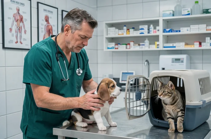 Vétérinaire examinant un chiot beagle en présence d'un chat dans une clinique vétérinaire
