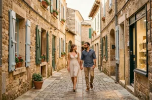 Couple se promenant dans une rue pavée du vieux Montélimar avec des façades en pierre et des boutiques de nougat