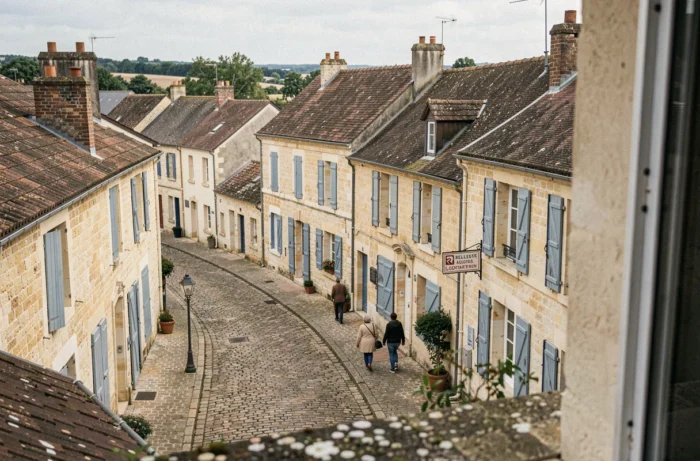 Rue pavée d'un village charentais avec maisons en pierre calcaire et volets bleus typiques du patrimoine local