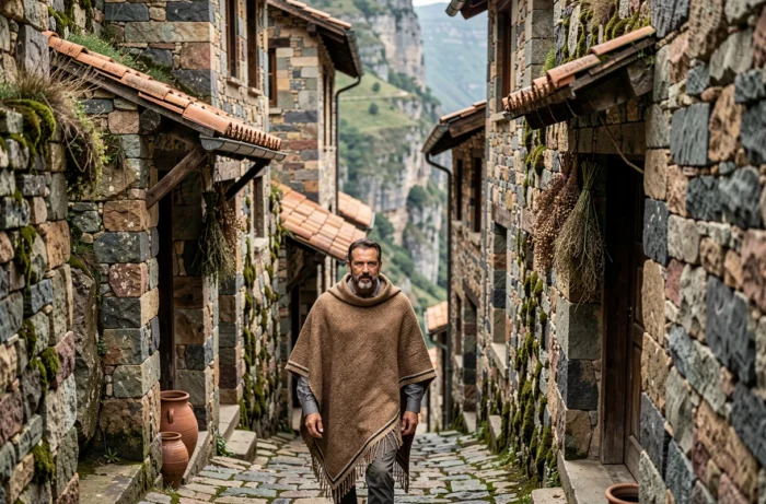 Homme en poncho traditionnel marchant dans une ruelle en pierre d'un village accroché à une falaise, voyage insolite en altitude