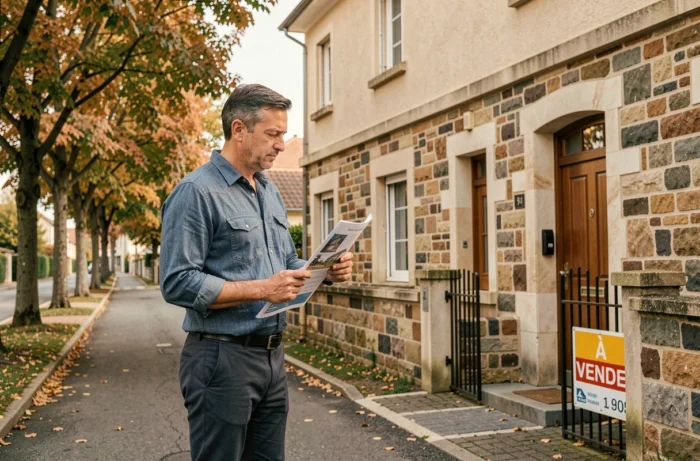 Homme inspectant une maison à vendre en banlieue lors d'une visite immobilière