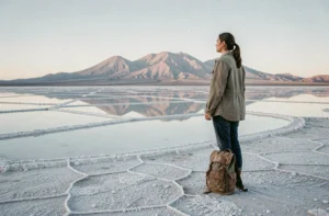 Voyageuse solitaire debout sur un salar aux reflets miroirs avec des montagnes volcaniques en arrière-plan, destination insolite