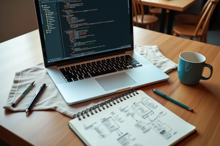 Vue aérienne d'un bureau avec laptop affichant un sitemap XML, carnet de notes et hiérarchie d'URL dessinée à la main