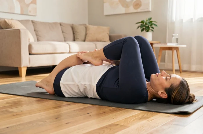 Femme pratiquant un exercice de yoga doux pour soulager la constipation et stimuler le transit intestinal