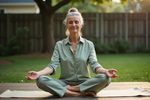 Femme de 60 ans pratiquant le yoga matinal sur une terrasse en bois, illustrant un mode de vie sain après 60 ans
